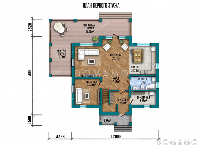 Проект одноэтажного дома с мансардой, террасой и тремя спальнями / План 1 этажа