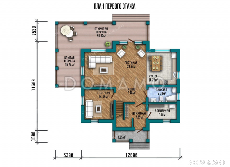 Проект одноэтажного дома с мансардой, террасой и тремя спальнями / План 1 этажа