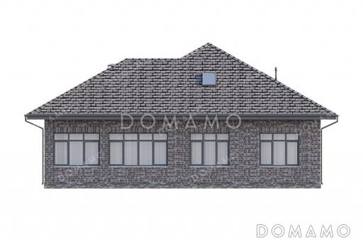 Проект практичного одноэтажного дома с крытой террасой, застекленной верандой, тремя спальнями, кабинетом и тремя санузлами / Фасад 2