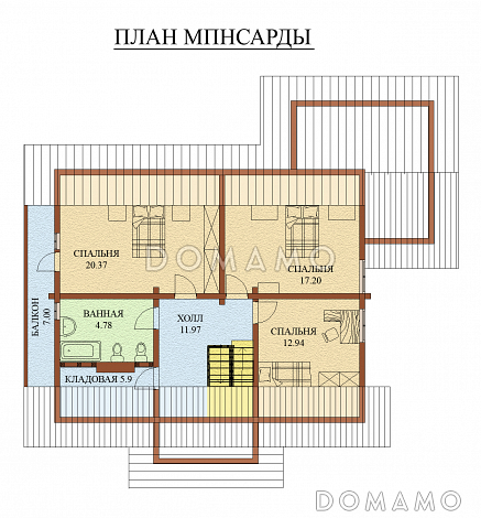 Проект дома из оцилиндрованного бревна, с мансардным этажом и зимним садом / План мансардного этажа Проект дома из оцилиндрованного бревна, с мансардным этажом и зимним садом / План мансардного этажа