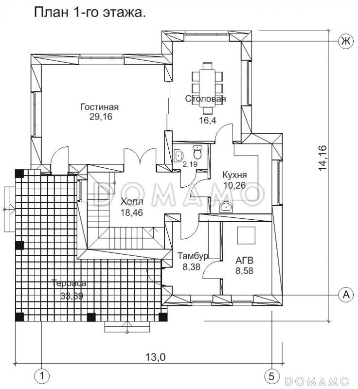 Проект двухэтажного дома с небольшой террасой / План 1 этажа
