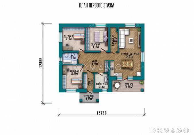 Проект одноэтажного дома с террасой и крыльцом / План 1 этажа