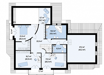 Проект просторного одноэтажного мансардного дома из кирпича с пятью комнатами, балконом и гаражом / План мансардного этажа