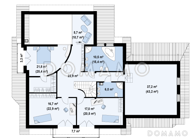 Проект просторного одноэтажного мансардного дома из кирпича с пятью комнатами, балконом и гаражом / План мансардного этажа