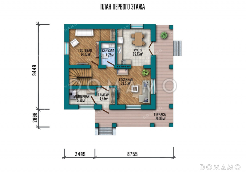 Проект двухэтажного дома с большой террасой / План 1 этажа