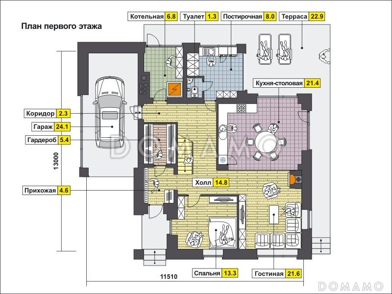 Проект дома с гаражом на одну машину, со спортзалом и душевой на втором этаже, большой мансардой / План 1 этажа