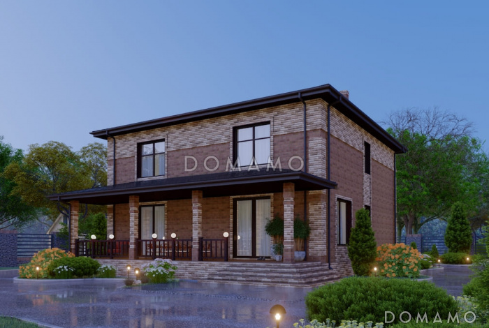 Проект двухэтажного дома с 4 спальнями, большой гостиной и подсветкой на террасе Проект двухэтажного дома с 4 спальнями, большой гостиной и подсветкой на террасе