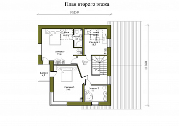 Проект двухэтажного дома из керамических блоков с двускатной крышей с подвалом, террасой и балконом / План 2 этажа Проект двухэтажного дома из керамических блоков с двускатной крышей с подвалом, террасой и балконом / План 2 этажа