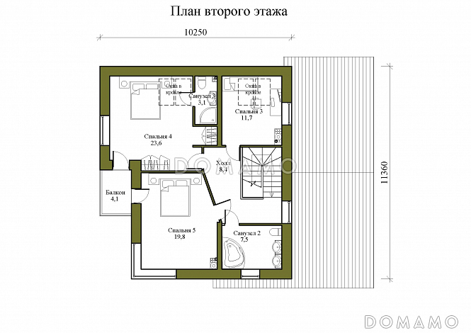 Проект двухэтажного дома из керамических блоков с двускатной крышей с подвалом, террасой и балконом / План 2 этажа Проект двухэтажного дома из керамических блоков с двускатной крышей с подвалом, террасой и балконом / План 2 этажа
