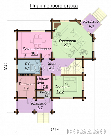 Проект двухэтажного дома с балконом, со вторым светом  / План 1 этажа Проект двухэтажного дома с балконом, со вторым светом  / План 1 этажа
