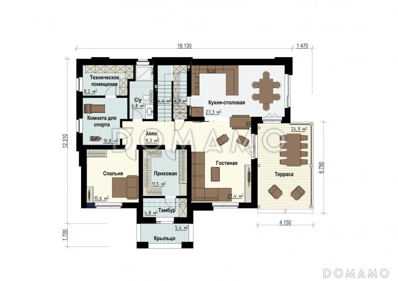Проект дома в современном стиле с террасой, спортзалом, кухней-столовой с кладовой / План 1 этажа