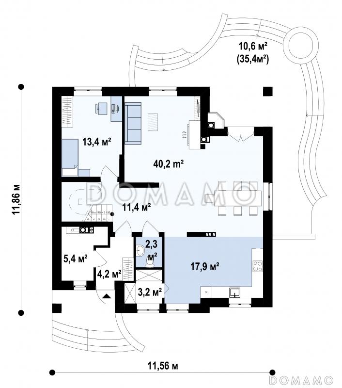 Проект загородного дома с цокольным этажом, камином на террасе, просторной гостиной, кладовой в кухне / План 1 этажа