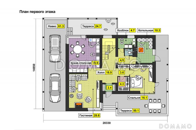 Проект дома с навесом на две машины, двумя террасами, гостиной с камином, спальней на первом этаже, балконом / План 1 этажа