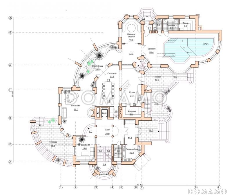 Проект коттеджа с бассейном и зимним садом в стиле северного модерна / План 1 этажа