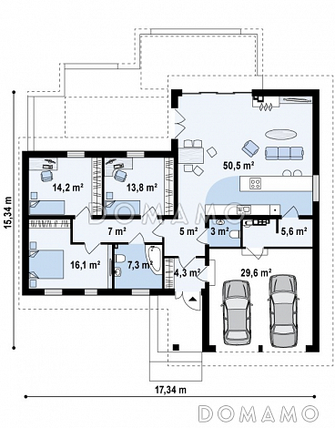 Проект одноэтажного дома из газобетона с просторной гостиной и гаражом на два автомобиля / План 1 этажа