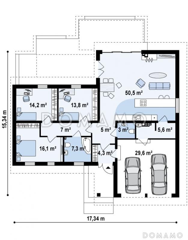 Проект одноэтажного дома из газобетона с просторной гостиной и гаражом на два автомобиля / План 1 этажа