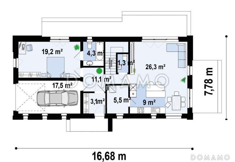 Проект современного загородного дома со вторым светом, гаражом, гостевой с санузлом на первом этаже / План 1 этажа