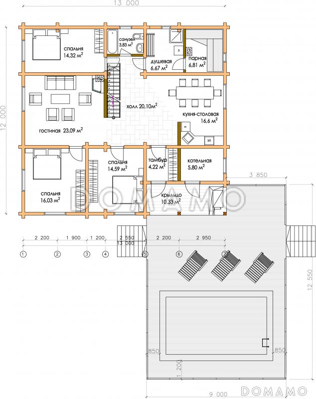 Проект коттеджа из бруса с двускатной кровлей / План 1 этажа