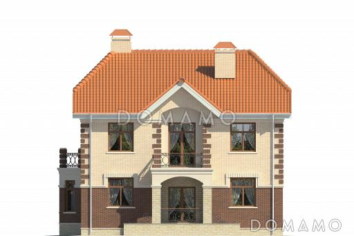 Проект двухэтажного дома с эркером, балконами, зимним садом, спальней на первом этаже / Фасад 1