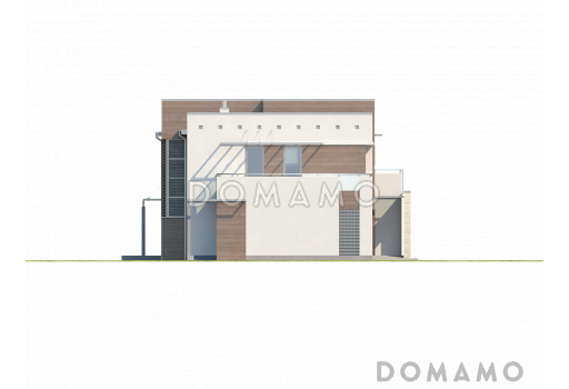Проект современного двухэтажного дома в стиле хай-тек из кирпича с плоской крышей, балконом и гаражом с двумя отдельными въездами / Фасад 4