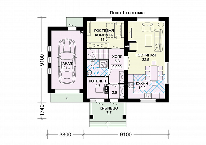 Проект дома из газобетона с мансардным окном / План 1 этажа