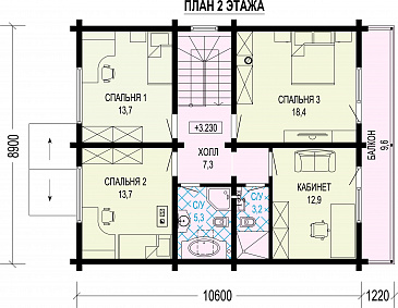 Проект двухэтажного дома из газобетона и бруса с балконом на две комнаты и террасой / План 2 этажа Проект двухэтажного дома из газобетона и бруса с балконом на две комнаты и террасой / План 2 этажа