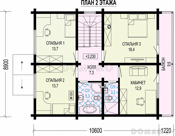 Проект двухэтажного дома из газобетона и бруса с балконом на две комнаты и террасой / План 2 этажа Проект двухэтажного дома из газобетона и бруса с балконом на две комнаты и террасой / План 2 этажа
