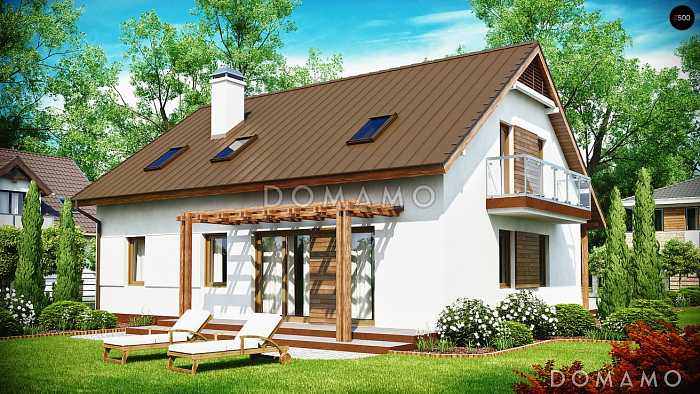 Проект одноэтажного мансардного дома из кирпича с кабинетом, гаражом и двумя балконом по торцам 