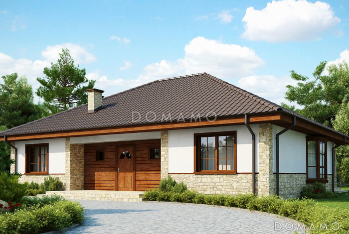 Проект загородного дома с тремя спальнями, кладовой с кухней, просторной гостиной