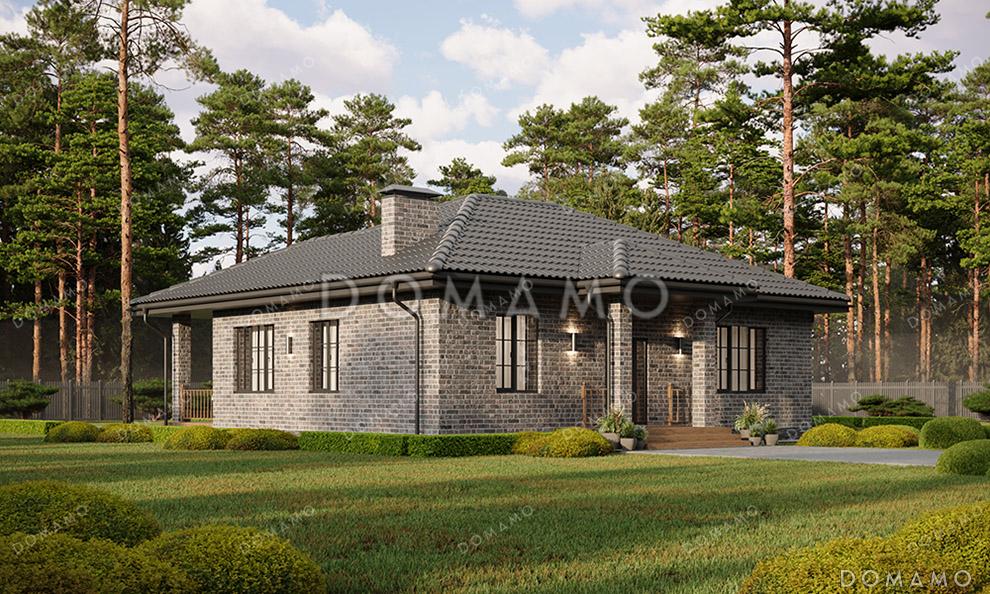 Проект одноэтажного дома с общей вальмовой кровлей над входной группой и террасой и отделкой фасада кирпичом / 1