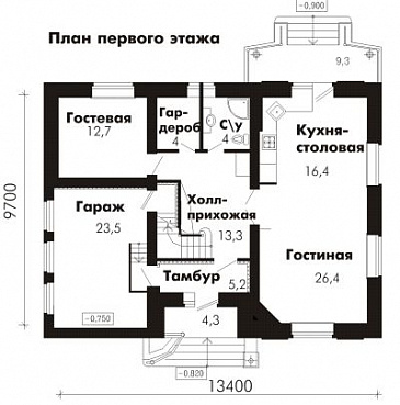 Проект дома из пеноблоков с гостевой комнатой на первом этаже и гаражом для одного автомобиля / План 1 этажа Проект дома из пеноблоков с гостевой комнатой на первом этаже и гаражом для одного автомобиля / План 1 этажа