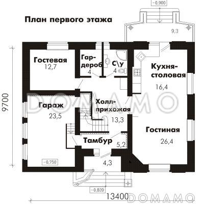Проект дома из пеноблоков с гостевой комнатой на первом этаже и гаражом для одного автомобиля / План 1 этажа
