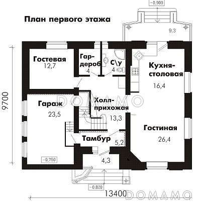 Проект дома из пеноблоков с гостевой комнатой на первом этаже и гаражом для одного автомобиля / План 1 этажа Проект дома из пеноблоков с гостевой комнатой на первом этаже и гаражом для одного автомобиля / План 1 этажа