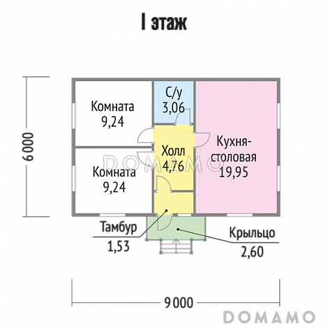 Проект одноэтажного дома 6х9 из клееного бруса / План 1 этажа Проект одноэтажного дома 6х9 из клееного бруса / План 1 этажа