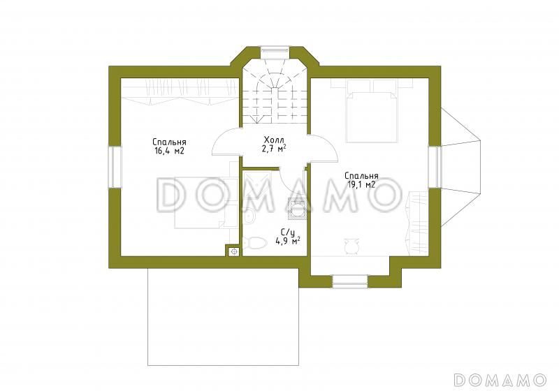 Проект небольшого дома из газобетона с большим крыльцом и эркером. / План мансардного этажа