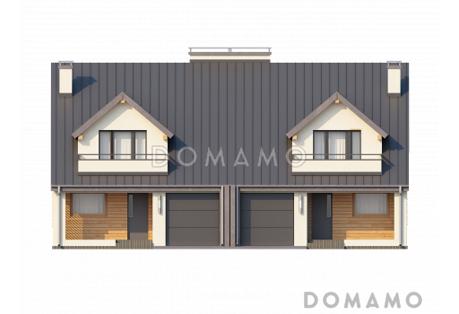Проект мансардных домов-близнецов из газобетона с гаражом, тремя спальнями и красивым слуховым окном и балконом / Фасад 1