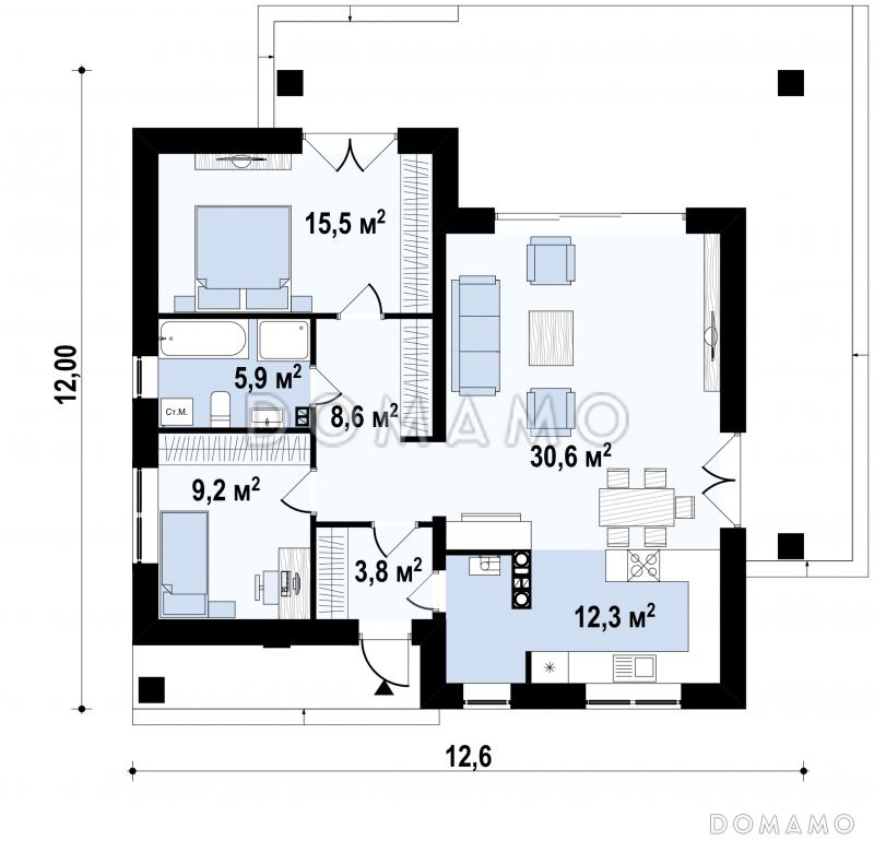 Проект простого комфортного одноэтажного дома из кирпича для небольшой семьи / План 1 этажа