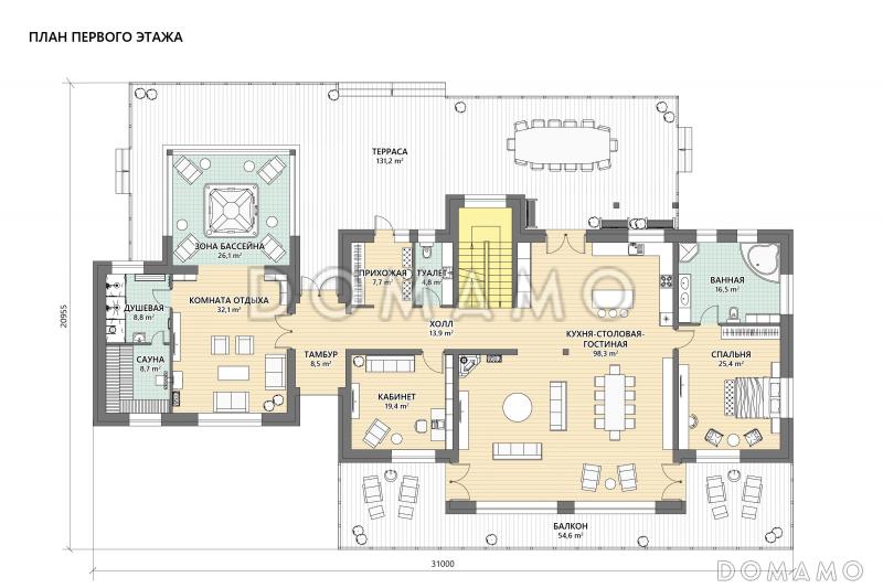Проект кирпичного дома для нескольких поколений семьи / План 1 этажа