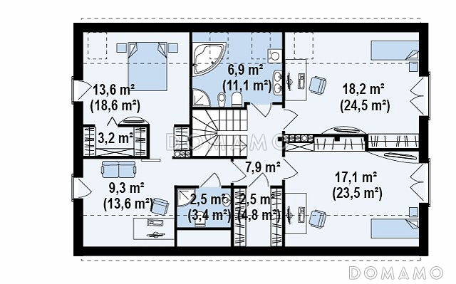 Проект просторного современного одноэтажного мансардного дома из кирпича с большой кухней-столовой, четырьмя комнатами и гаражом / План мансардного этажа