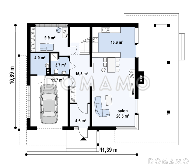Проект простого комфортного двухэтажного дома из газобетона с тремя спальнями, вторым светом и гаражом / План 1 этажа