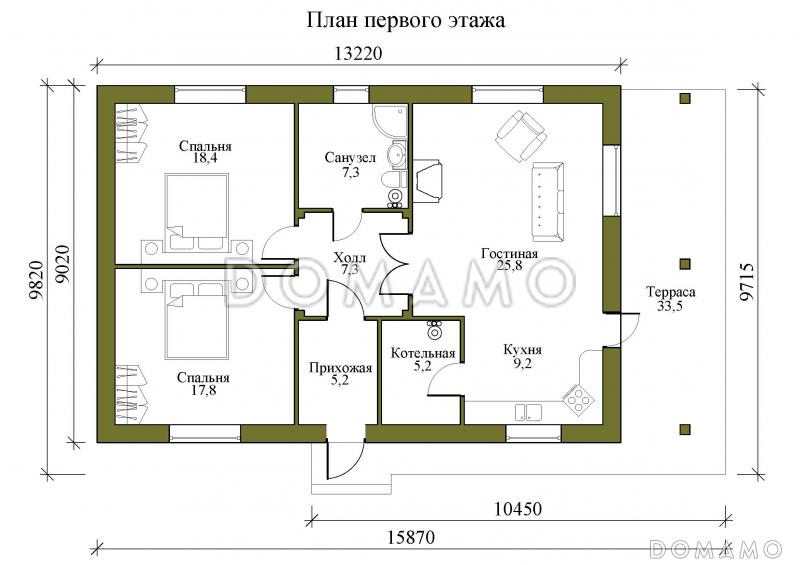 Проект одноэтажного дома с камином в гостиной и крытой террасой / План 1 этажа