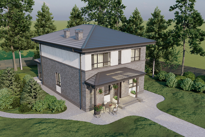 Проект двухэтажного кирпичного дома с крытой террасой и четырьмя спальнями на втором этаже