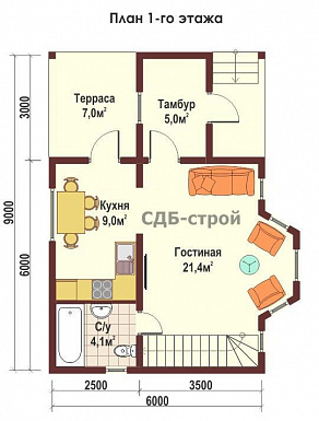 Дом из профилированного бруса ДПБ5 / План 1 этажа Дом из профилированного бруса ДПБ5 / План 1 этажа