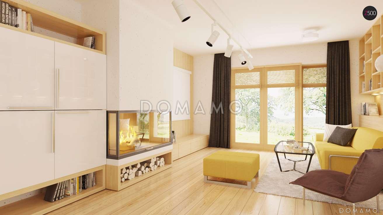 Проект одноэтажного дома из кирпича со стеклянным эркером в просторной гостиной и гаражом на два автомобиля / 5