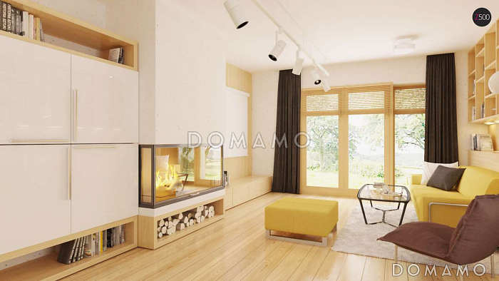 Проект одноэтажного дома из кирпича со стеклянным эркером в просторной гостиной и гаражом на два автомобиля