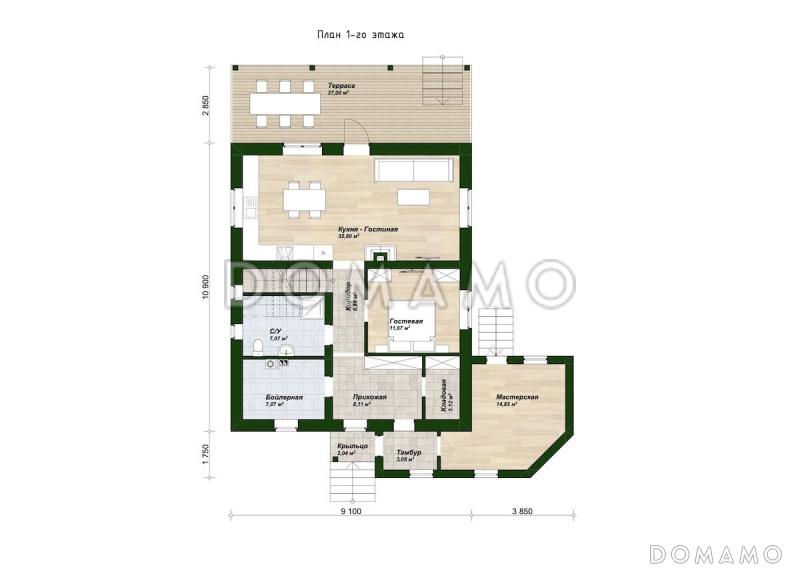 Проект двухэтажного дома с 5 спальнями, террасой, пристроенной мастерской и люкарной с балконом / План 1 этажа
