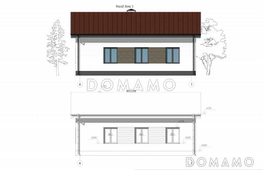 Проект компактного дома с тремя спальнями и проходной кухней-гостиной / Фасад 3 Проект компактного дома с тремя спальнями и проходной кухней-гостиной / Фасад 3