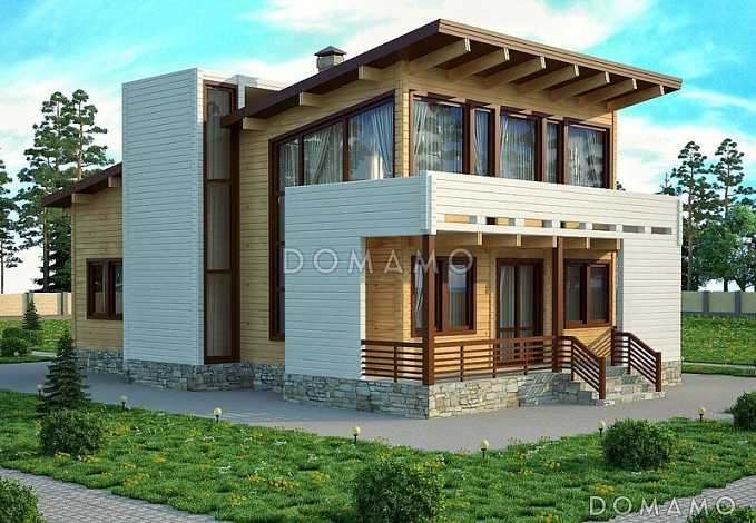 Проект современного дома из клееного бруса с односкатной крышей Проект современного дома из клееного бруса с односкатной крышей