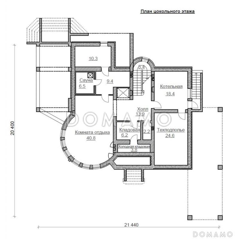 Проект современного дома из кирпича с сауной / План цокольного этажа
