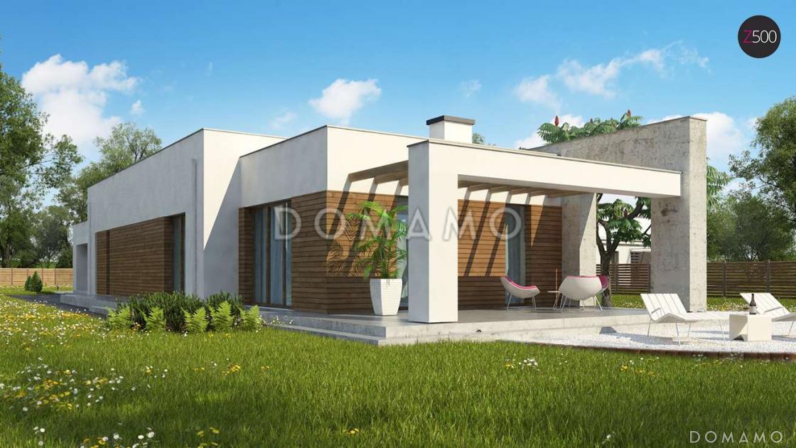 Проект современного одноэтажного дома из кирпича для узкого участка с плоской крышей с тремя спальнями и гаражом / 1